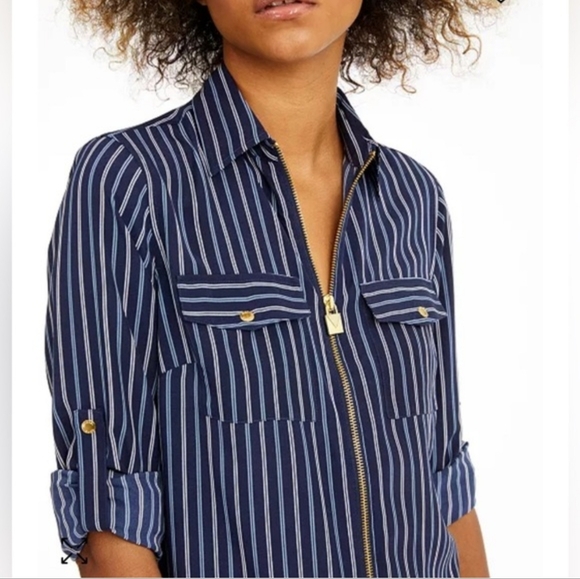 Michael Kors Moria Striped Zip Top. Navy White. Size L - Picture 2 of 10